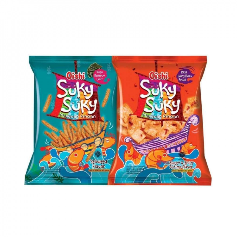 OISHI Suky Suky Shrimp Flavored Crackers Snacks Seaweed /Sweet & Spicy  60 g Halal