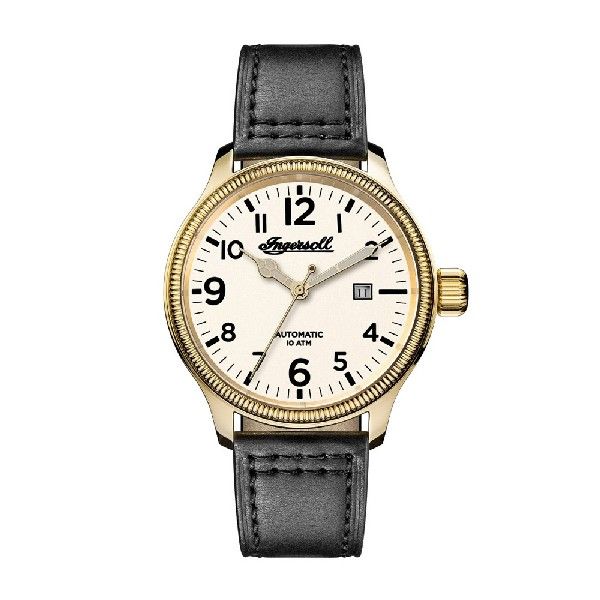 INGERSOLL DISCOVERY THE APSLEY AUTOMATIC GOLD STAINLESS STEEL 102702 BLACK LEATHER STRAP MEN'S WATCH