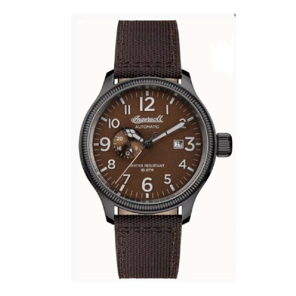INGERSOLL DISCOVERY THE APSLEY AUTOMATIC GREY STAINLESS STEEL 102803 BROWN NYLON STRAP MEN'S WATCH