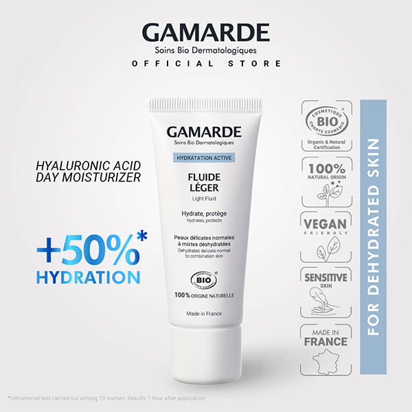 GAMARDE HYDRATATION Organic Hydrating Day Moisturizer 40ml, Hyaluronic Acid For Normal & Sensitive Skin (FLUIDE LEGER) (Feature.)