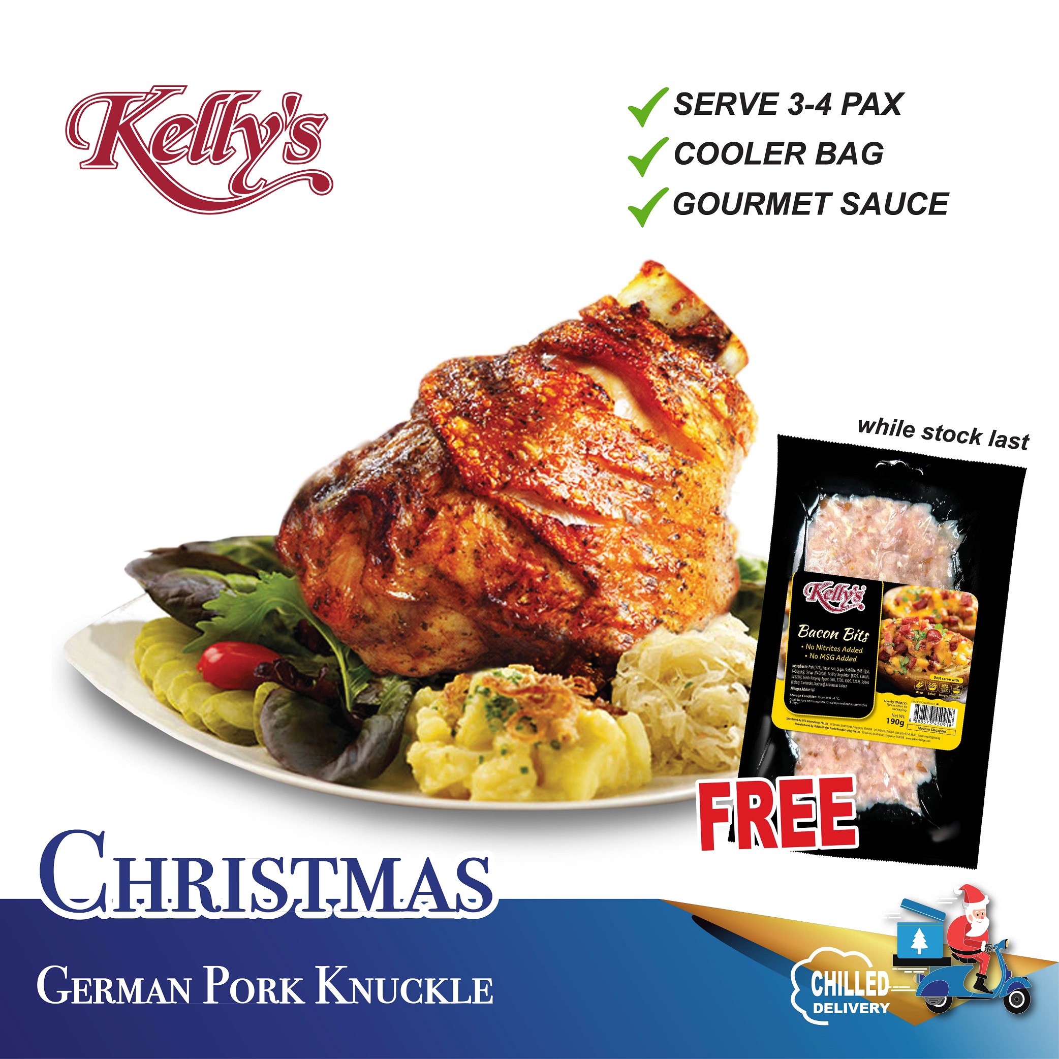 [Christmas] Kelly's German Pork Knuckle 1.3kg (Serves 3-4pax) (gourmet sauce/cooler bag/FREE Bacon Bits) Chilled