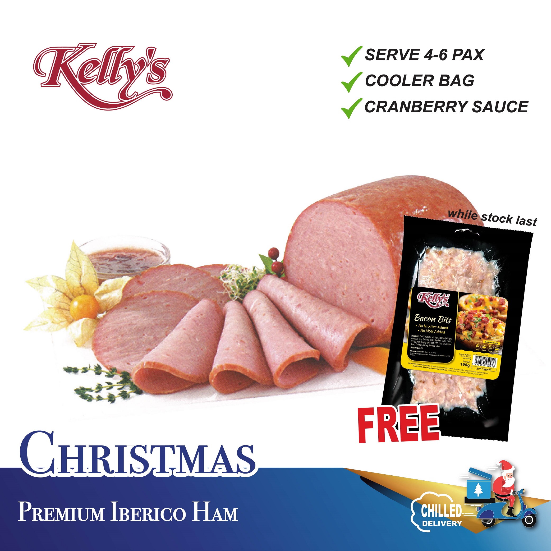 [Christmas] Kelly's Premium Iberico Ham 1.2kg (Serves 4-6pax) (with cranberry sauce/cooler bag/FREE Bacon Bits) Chilled