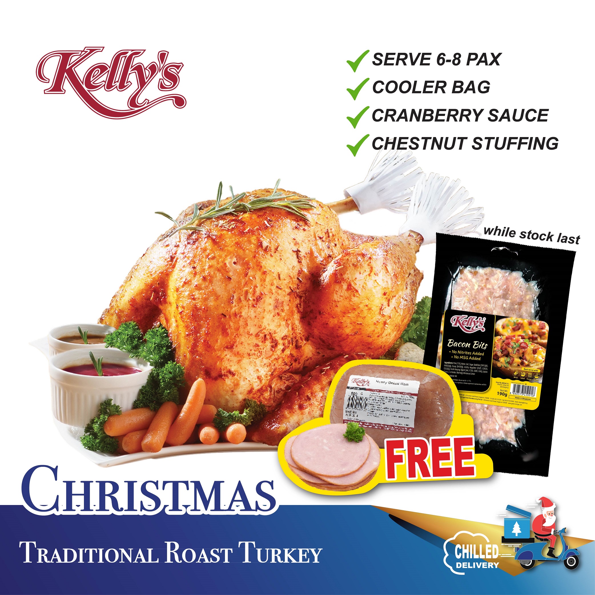 [Christmas] Turkey Party Set with Roast Turkey, Chestnut Stuffing, Cranberry Sauce + Free Ham, Bacon Bits