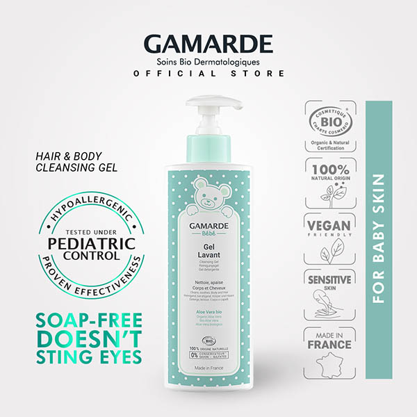 GAMARDE BEBE Organic 2-in-1 Baby Hair & Body Cleansing Gel 400ml, Soap-free For Normal & Sensitive Skin (GEL LAVANT)