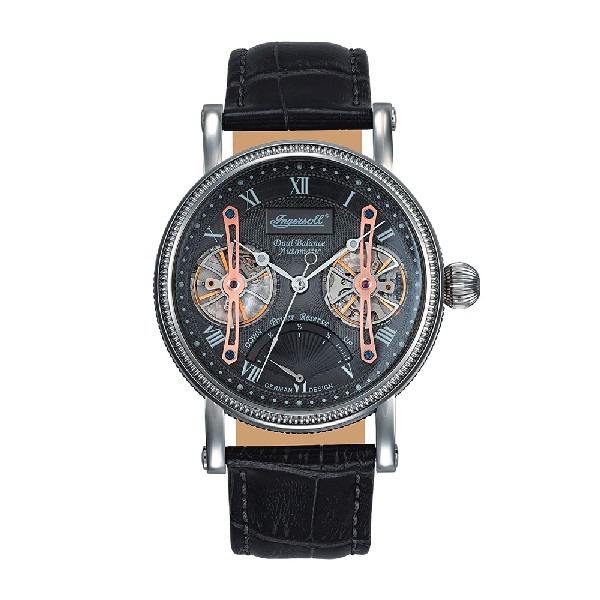 INGERSOLL LAVEL DUAL-BALANCE AUTOMATIC SILVER STAINLESS STEEL IN3109GY BLACK LEATHER STRAP MEN'S WATCH