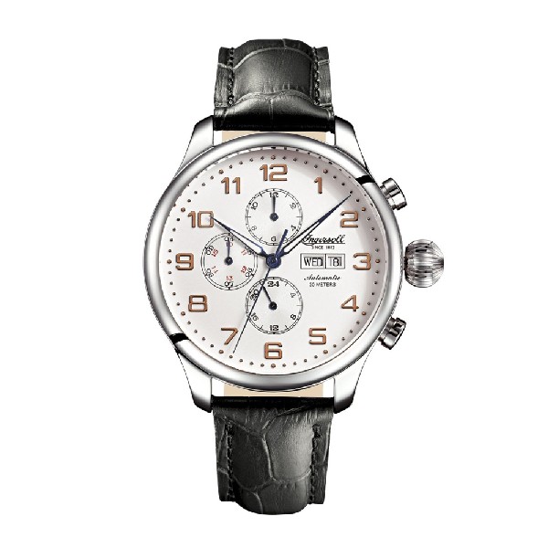 INGERSOLL APACHE AUTOMATIC SILVER STAINLESS STEEL IN3900SL BLACK LEATHER STRAP MEN'S WATCH