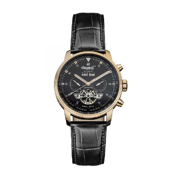 INGERSOLL OKIES AUTOMATIC GOLD STAINLESS STEEL IN4511RBK BLACK LEATHER STRAP MEN'S WATCH