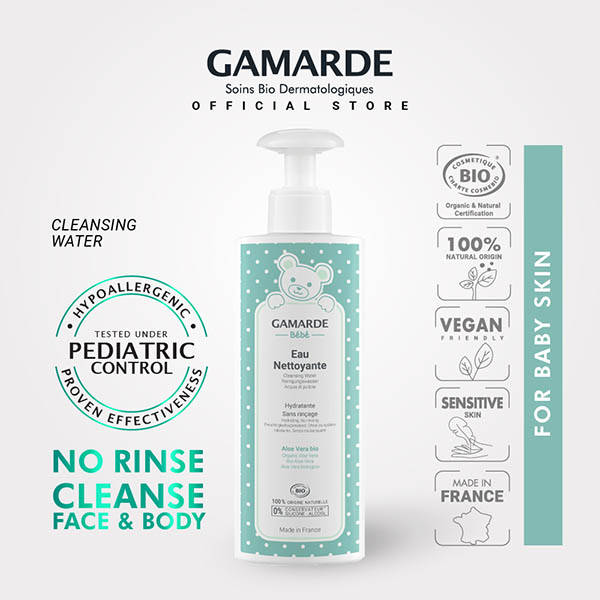 GAMARDE BEBE Organic Cleansing Water 400ml, No Rinse, For Face & Bottom, Normal & Sensitive Baby Skin (EAU NETTOYANTE)